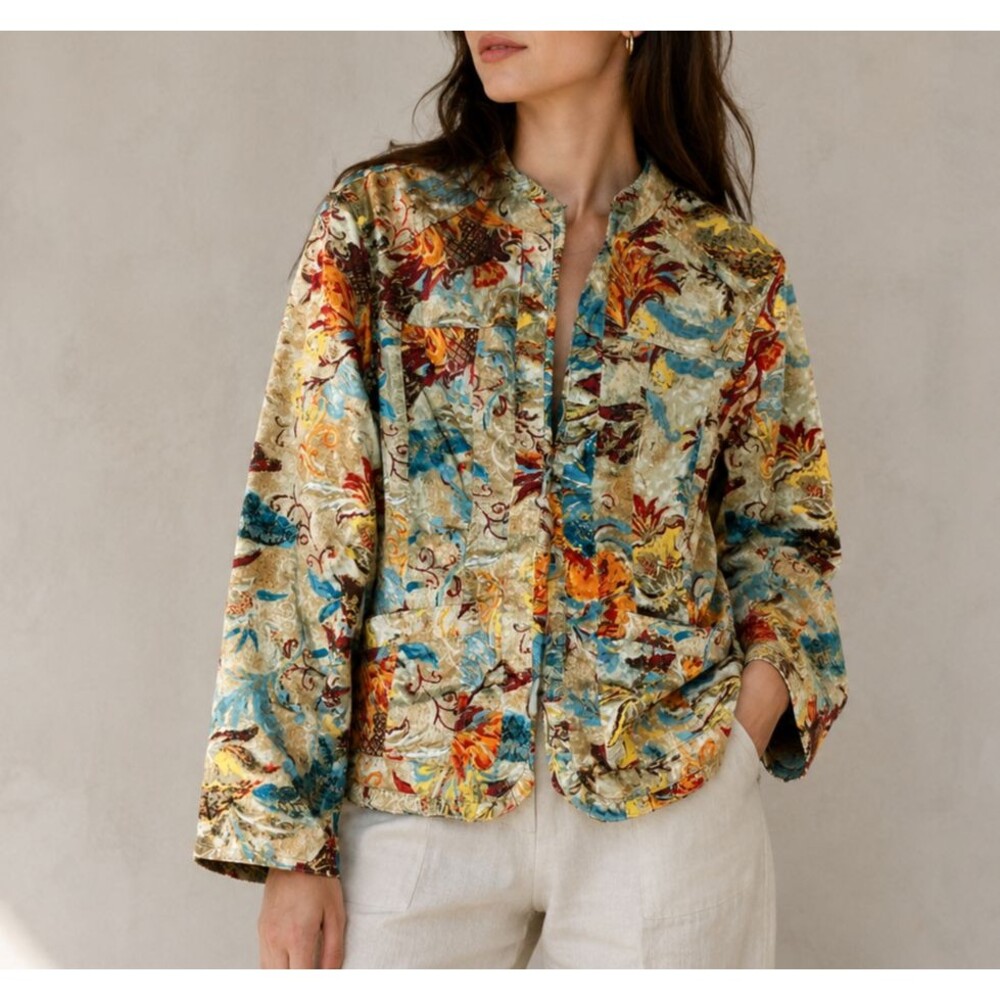 Chicos Additions Jacket Womens 1 Medium Beige Floral Collared Pockets Casual